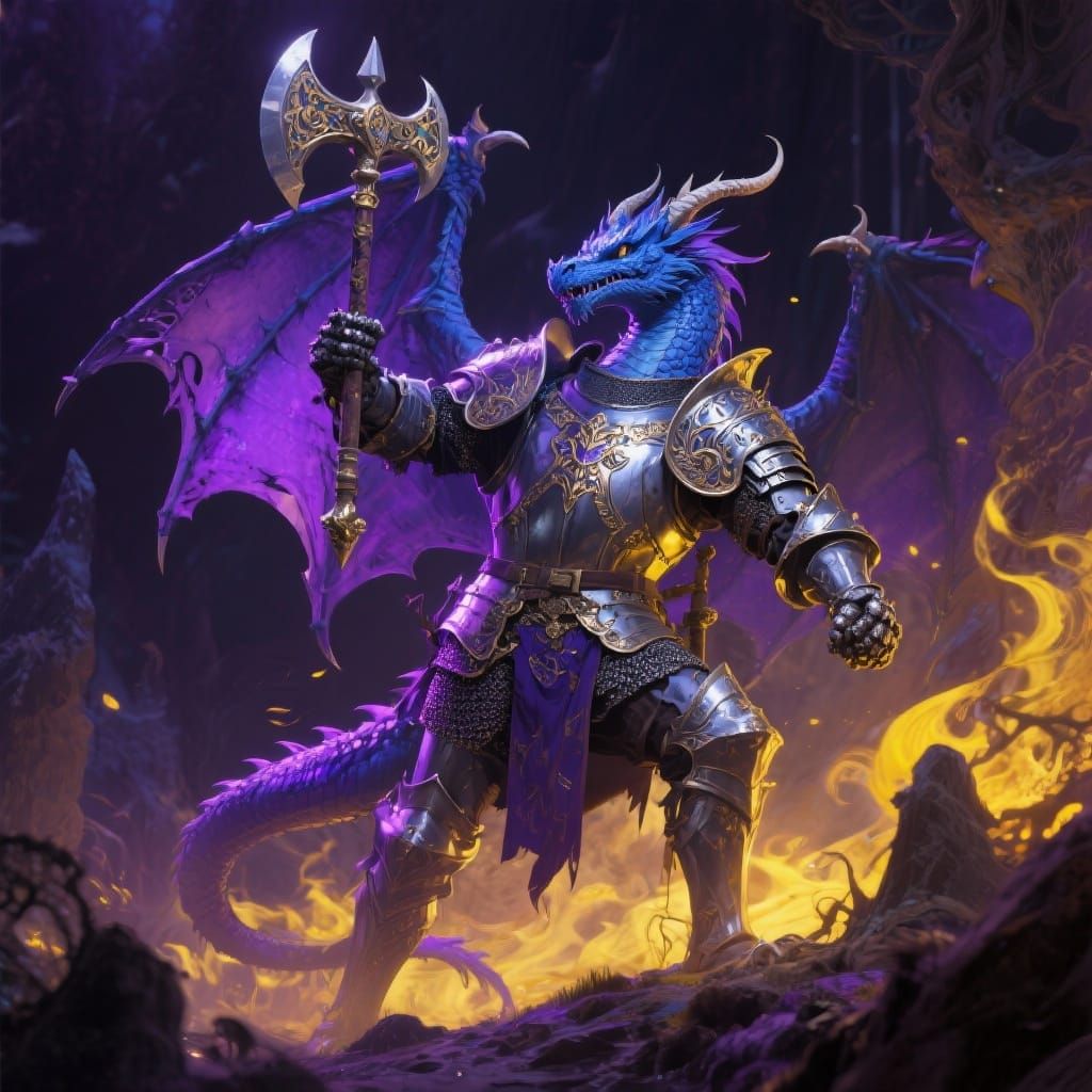 Armored Blue Dragon Warrior in Fantasy Landscape