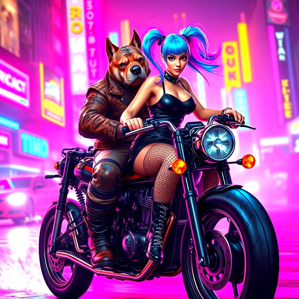 Cyberpunk Cityscape with Rebellious Dogman and Daring Human...