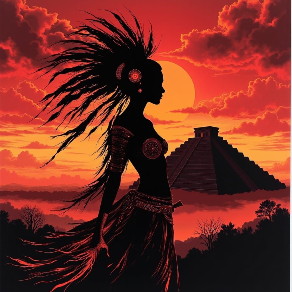 Mayan Warrior Silhouette at Molten Sunset Tattoo Design
