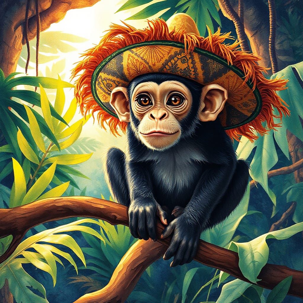 Monkey in Sombrero: Surreal Jungle Expressionist-Abstract