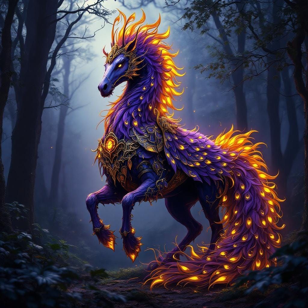 Majestic Peacock-Horse Chimera in Mystical Forest