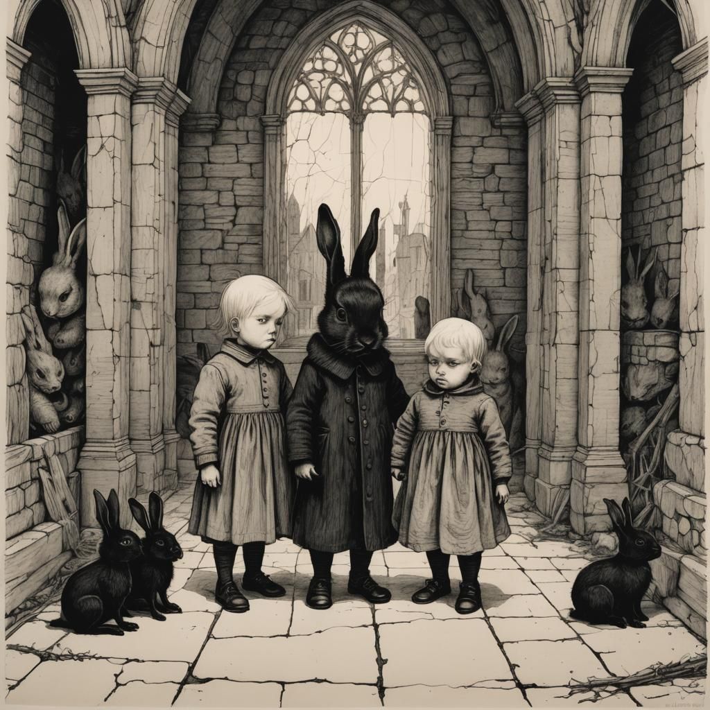 Angry Twin Toddlers in Abandoned Church, Pen and Ink