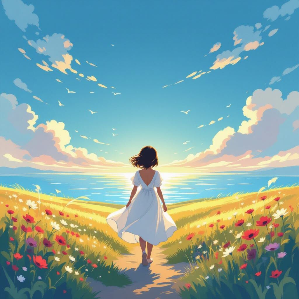 Girl Walking Towards Horizon in Whimsical Style