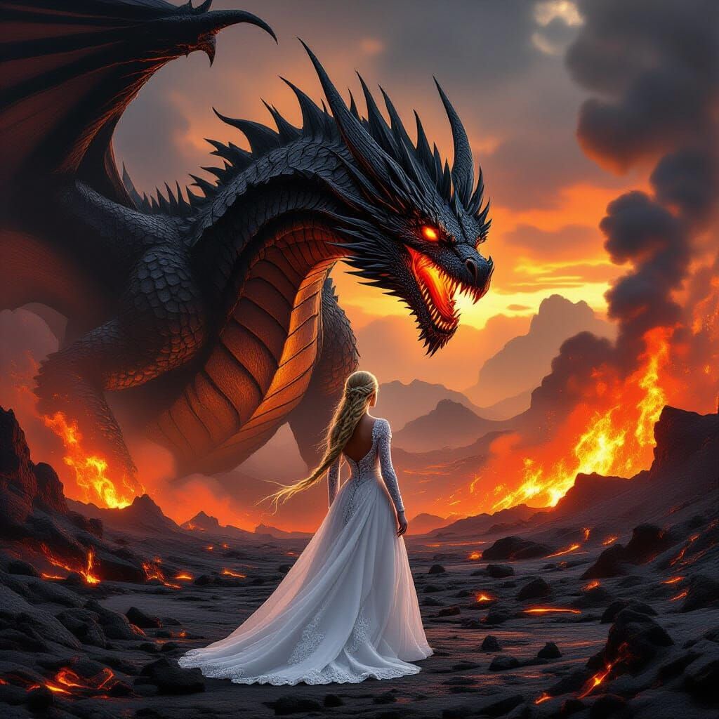 Gigantic Dragon Roars Over Woman in Volcanic Wasteland
