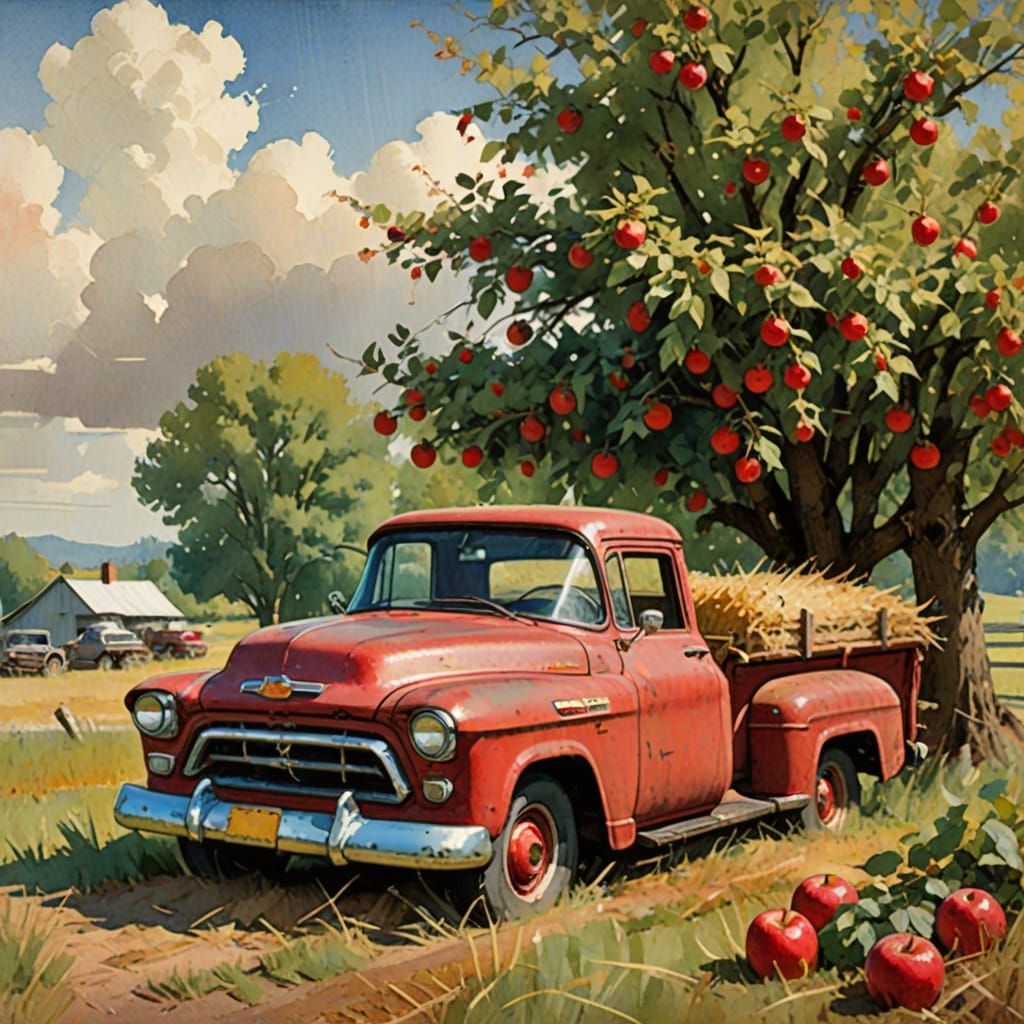 Vintage Chevy Truck in Orchard: Retro Watercolor