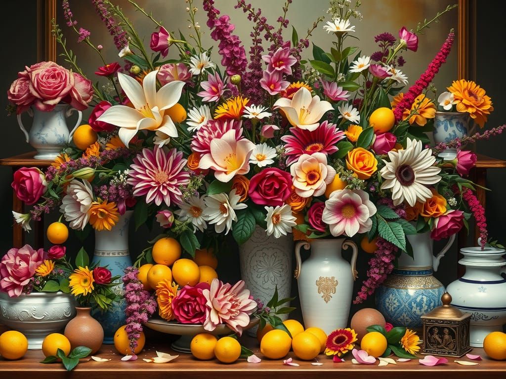 Maximalist Floral Still Life with Lemons