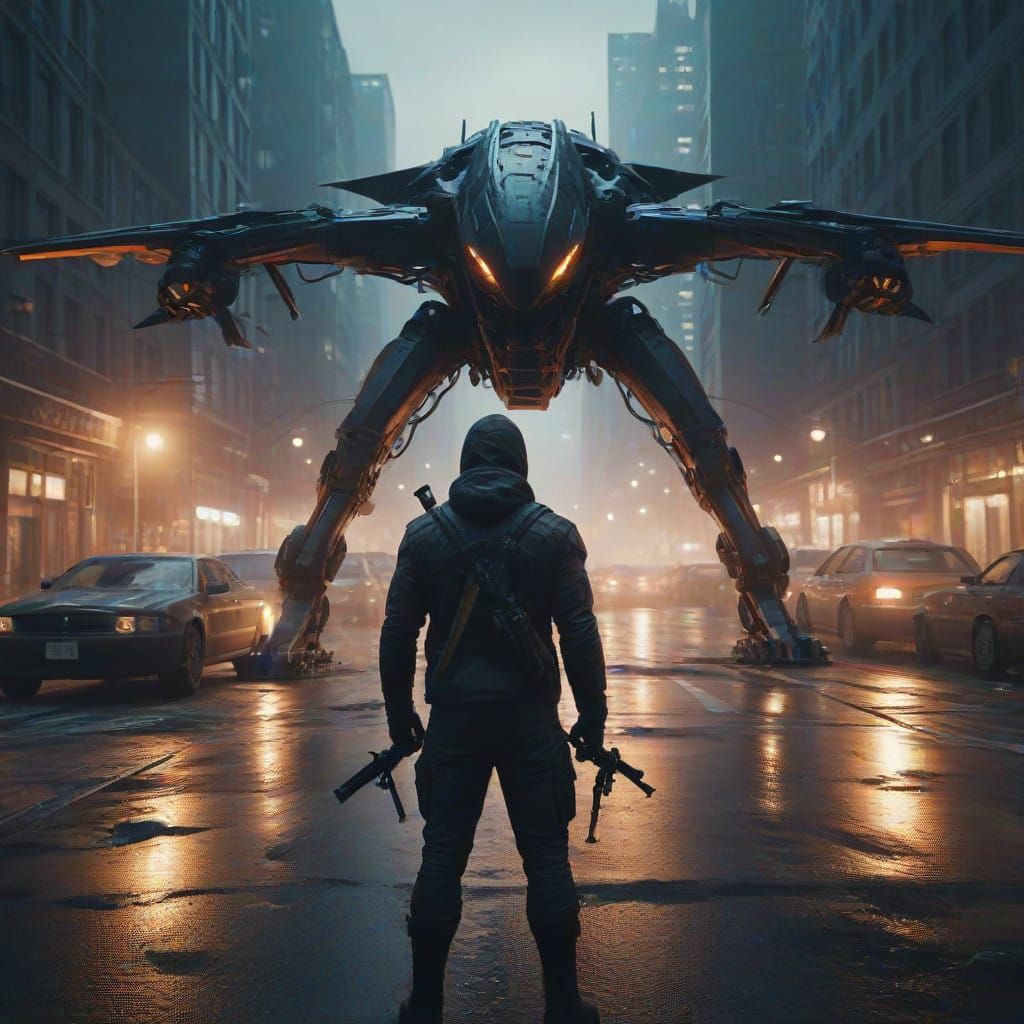 Warrior Stands Against a Futuristic Drone in a Dark, Burning...