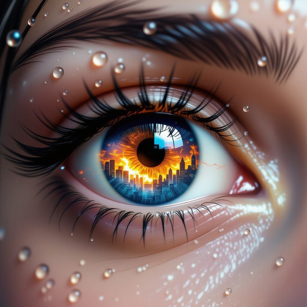 Burning Cityscape Reflected in Hyperrealistic Eye