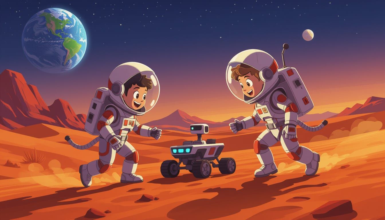 Martian Children Chase Rover in Vibrant Cartoon Style