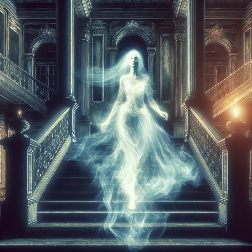 Ethereal Woman Descending Manor Staircase