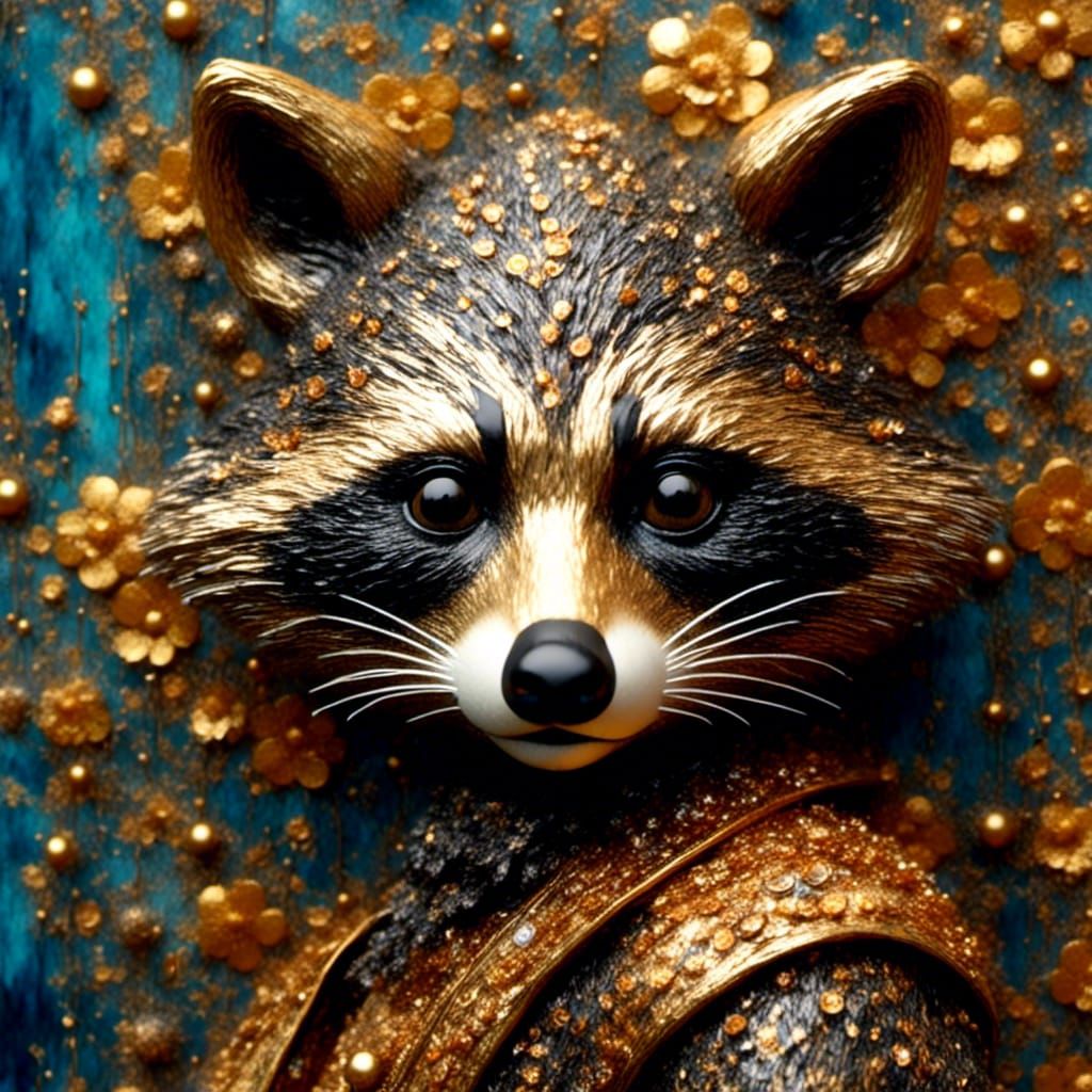 Golden Raccoon Portrait in Klimt-Style Impressionism