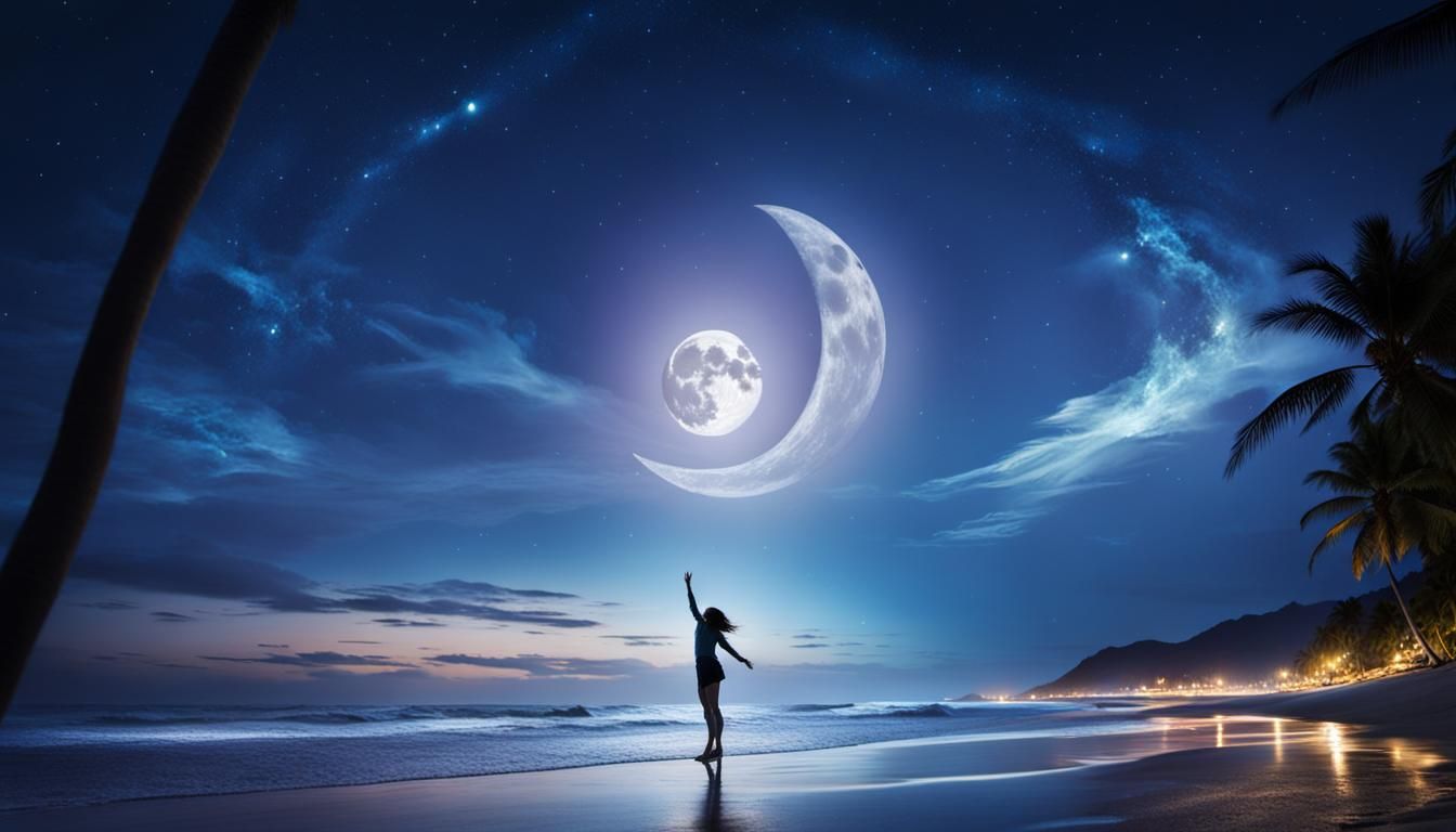 Iridescent Woman Embraces Moon on Beach at Night