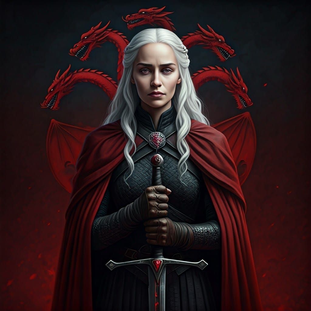 Medieval Warrior Queen in Regal Splendor with Dragon Banner