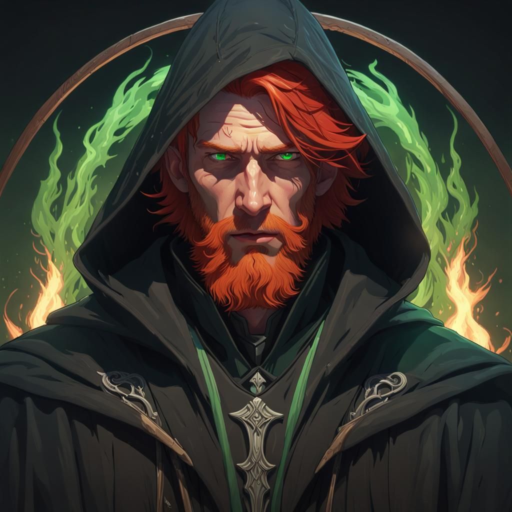 Red Haired Reverend with Scythe, Hyperdetailed Portrait