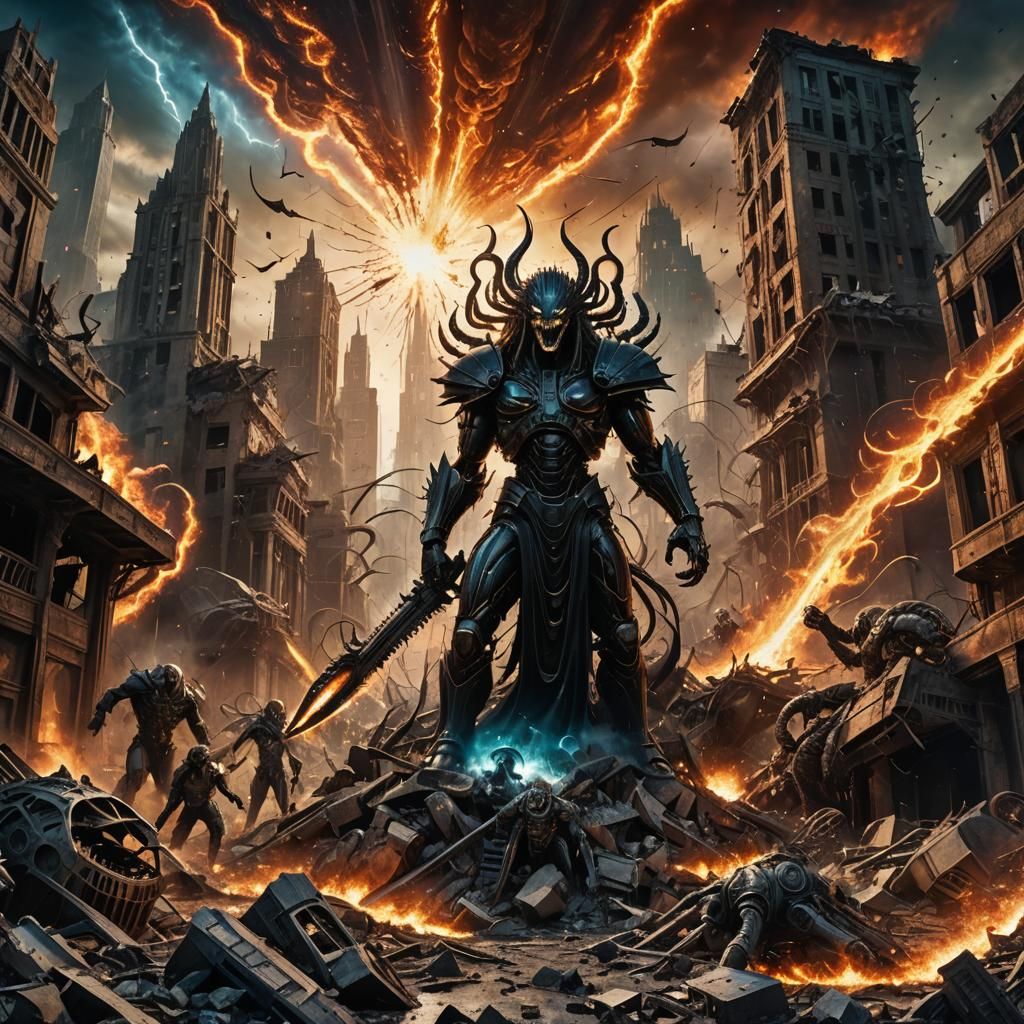 Epic Battle of Gods in Apocalyptic Cityscape