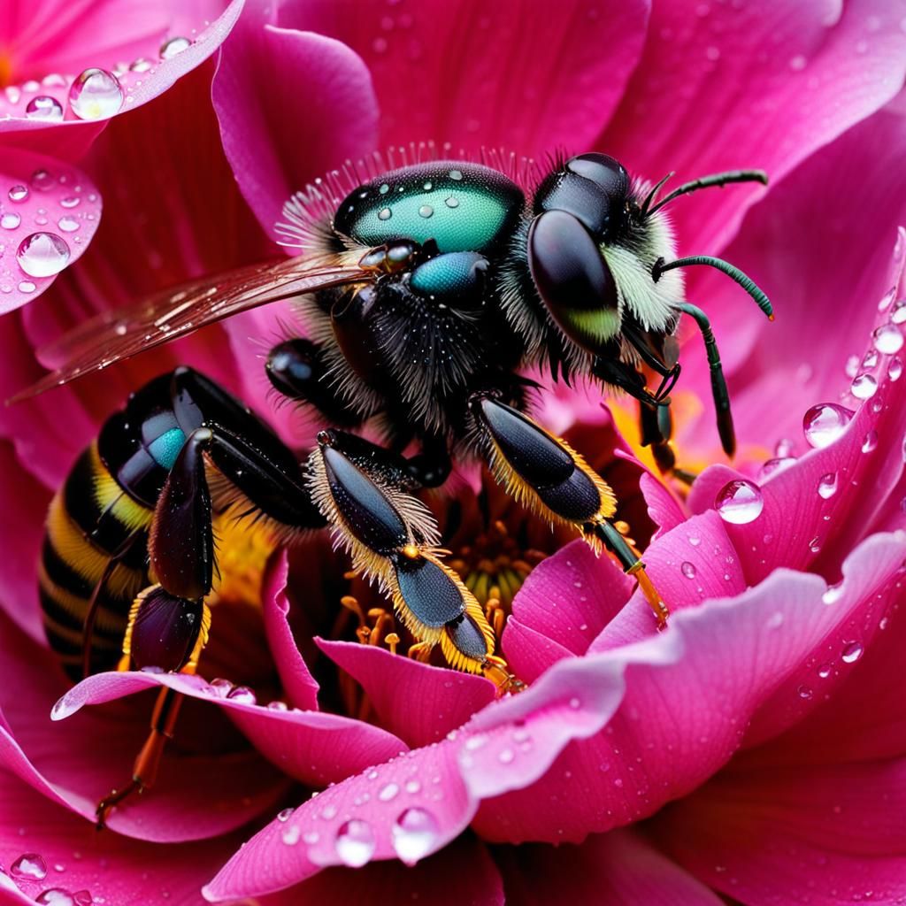 Dew Drops on Peony with Bee, Ultrarealistic Mixed Media