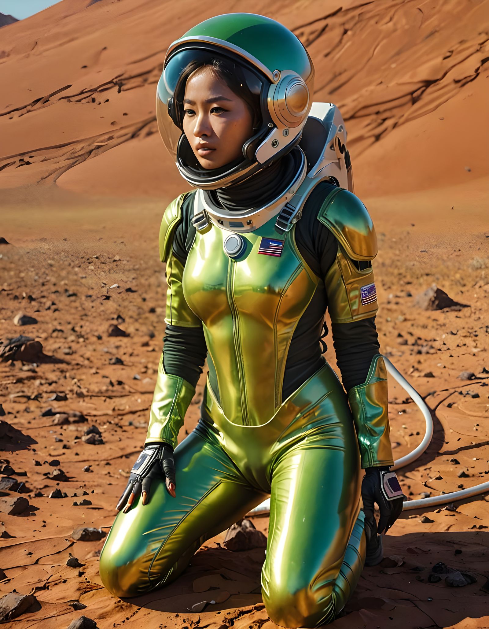 Laotian Woman in Cadmium Green Spacesuit on Mars