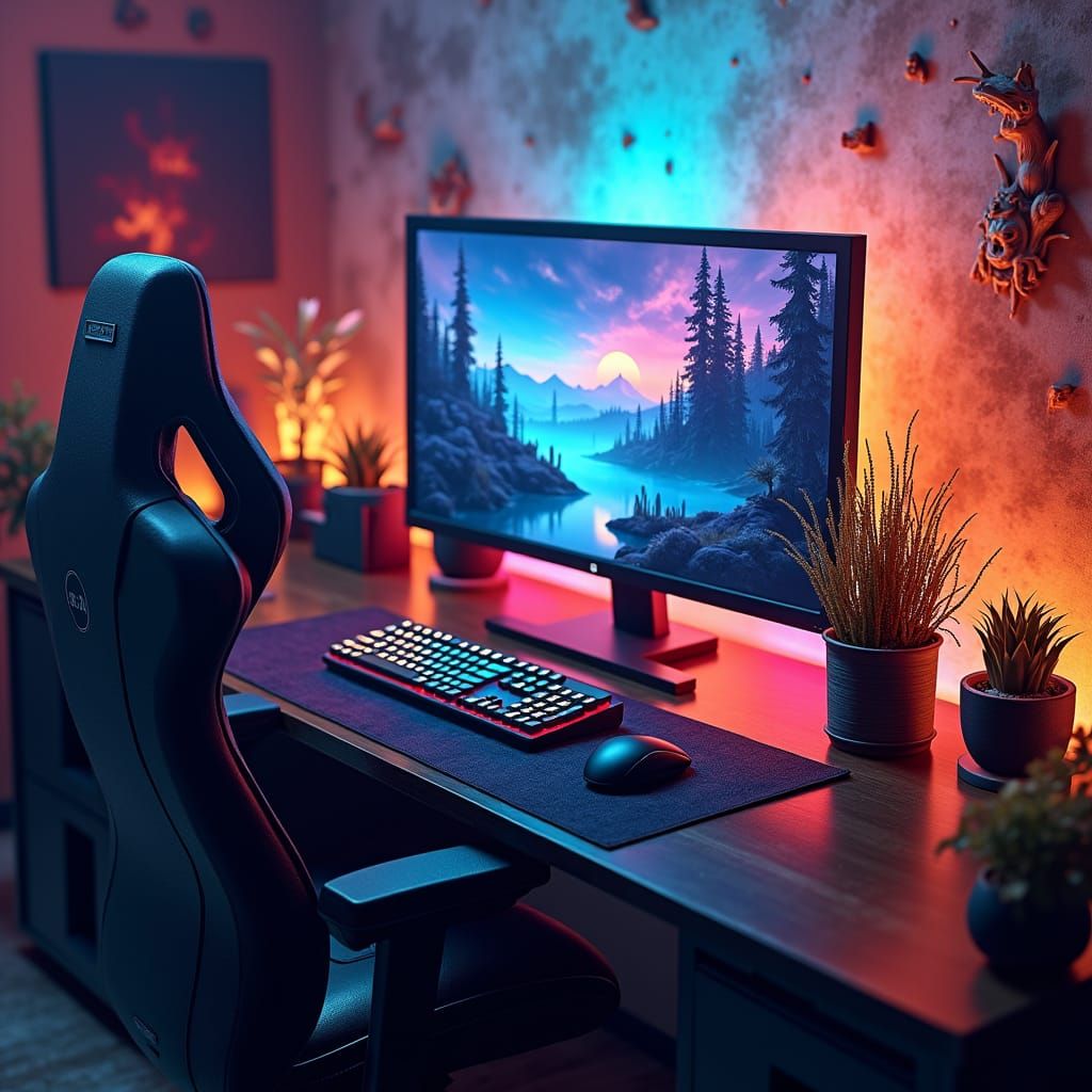 Mystical Gaming Setup in a Fantasy Landscape