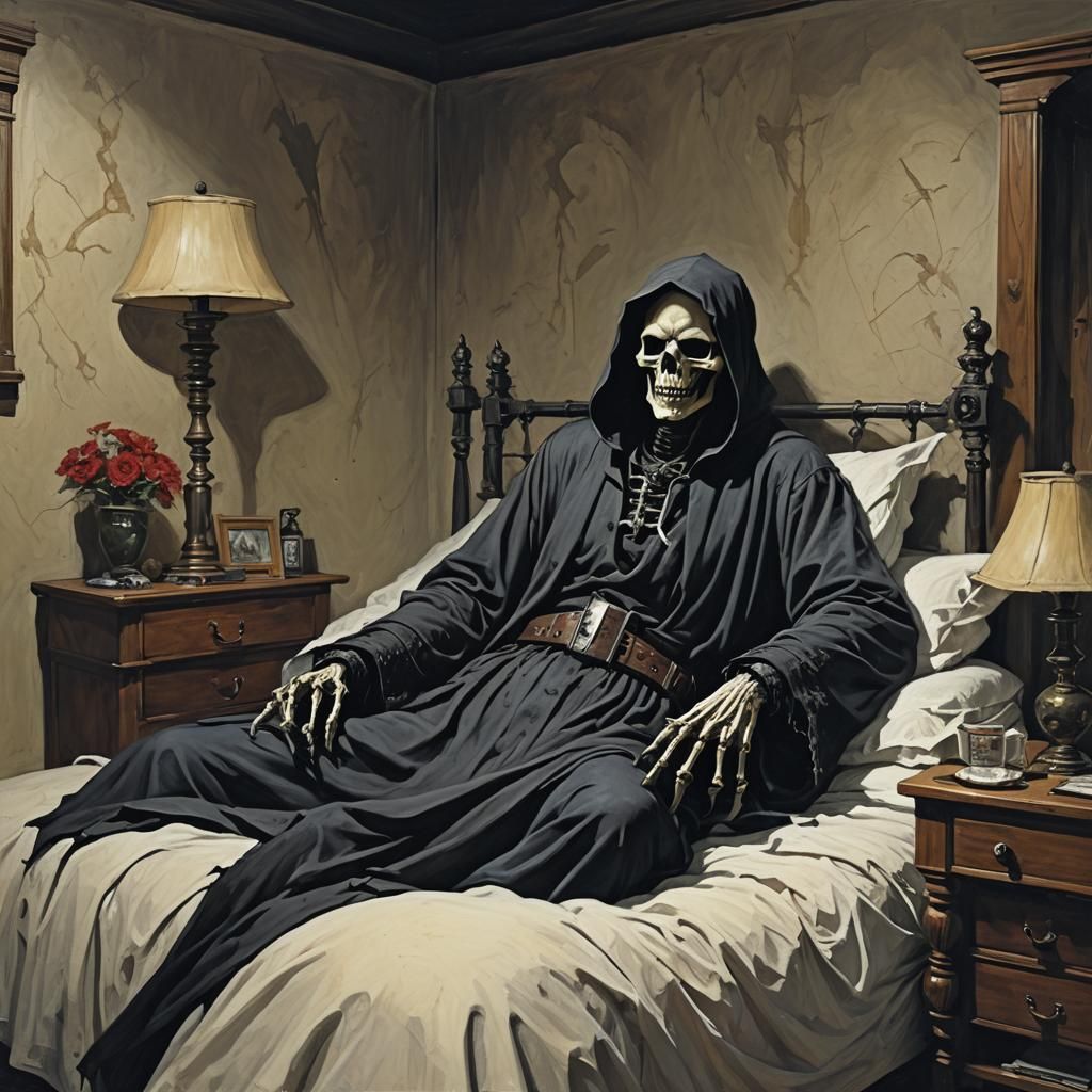 Sinister Grim Reaper Reclining in Bed