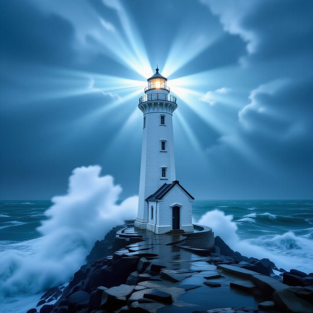 Dramatic Lighthouse on Rocky Cliff in Stormy Seascape