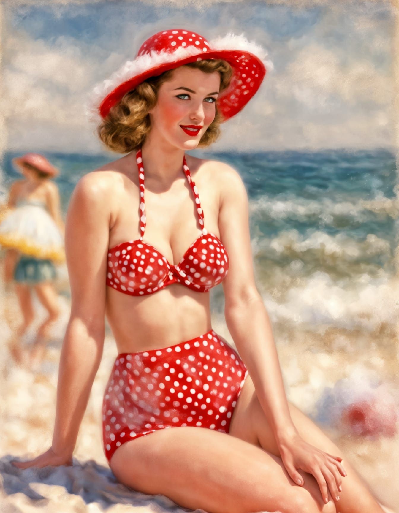 Whimsical 1950s Pin-Up Girl in Soft Impressionist Beach Scen...