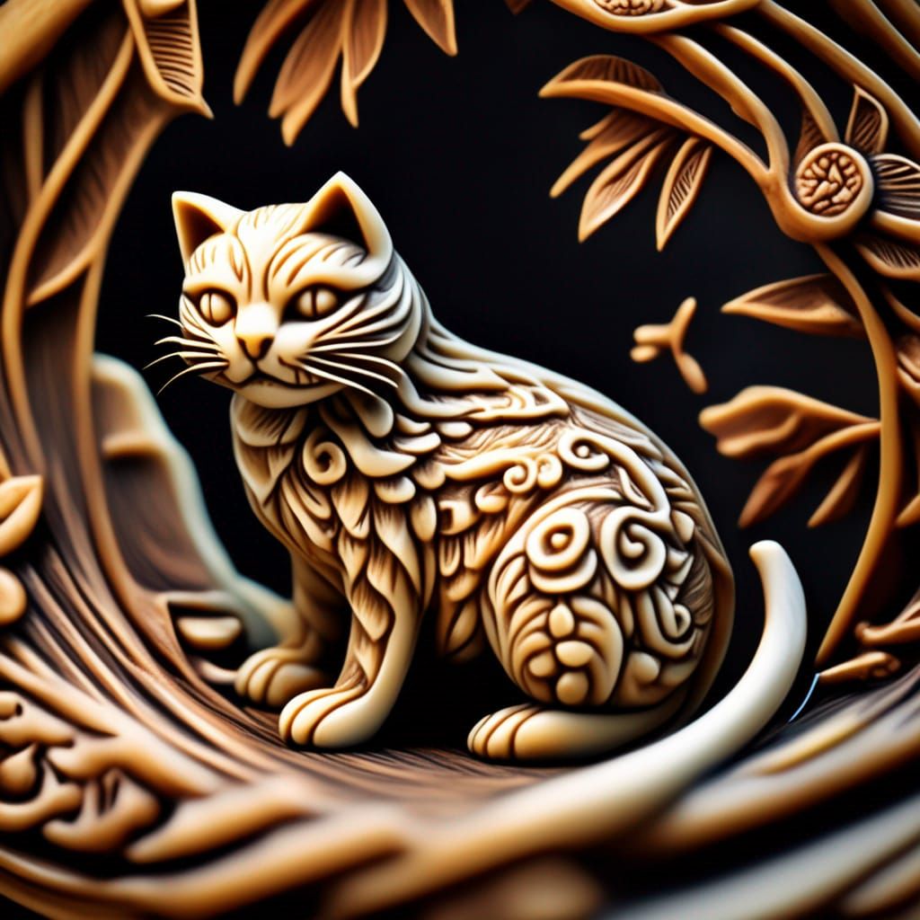 Intricate Cat Netsuke Carving in HDR