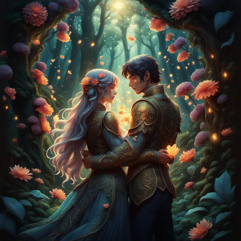 Fantasy Couple Embrace in Mystical Forest: Anime-Inspired Ar...