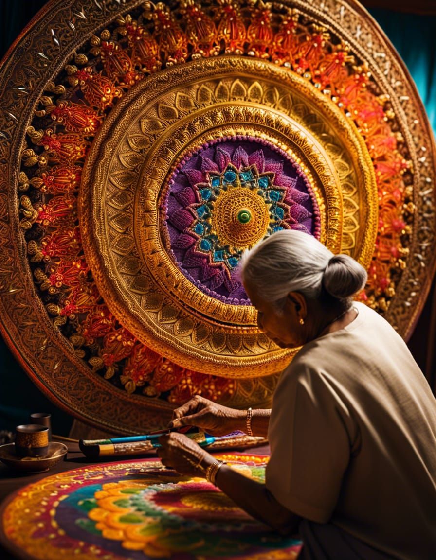 Elderly Woman's Colorful Mandala Painting