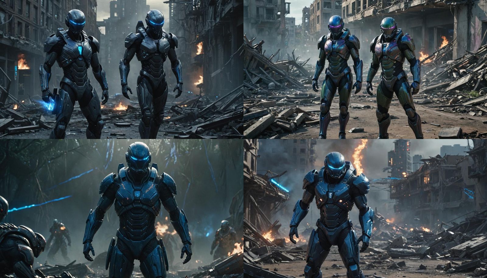 Futuristic Soldier Confronts Alien Commander in War-Torn Cit...