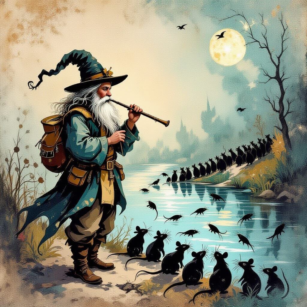 Pied Piper Leads Rats in Magical Ink Painting