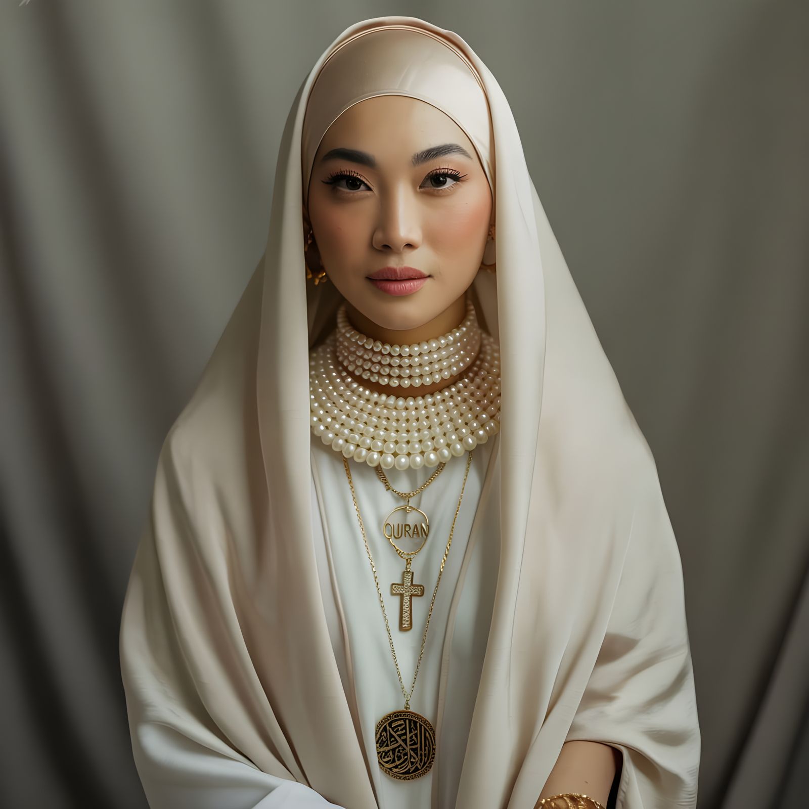 Elegant Asian Woman with Pearl Choker and Hijab