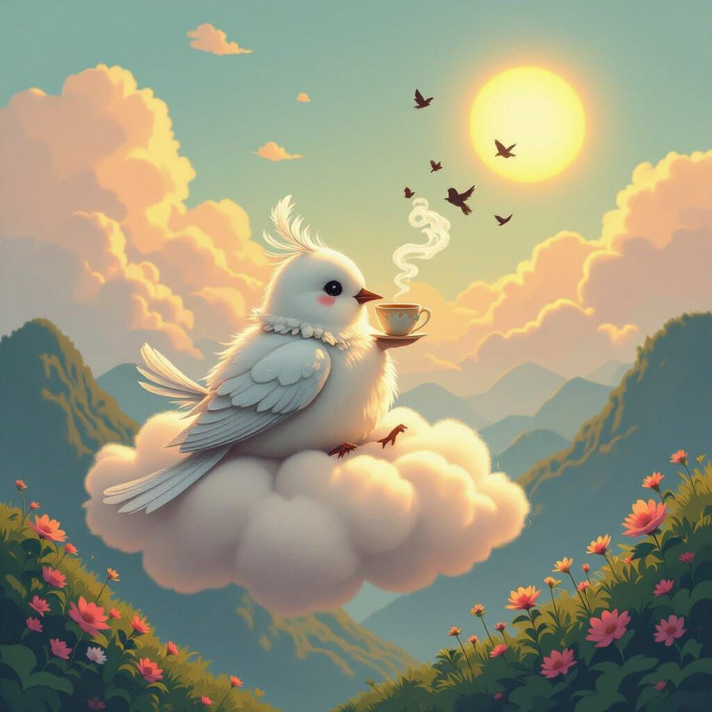 Bird Sipping Tea on Cloud, Miyazaki-esque