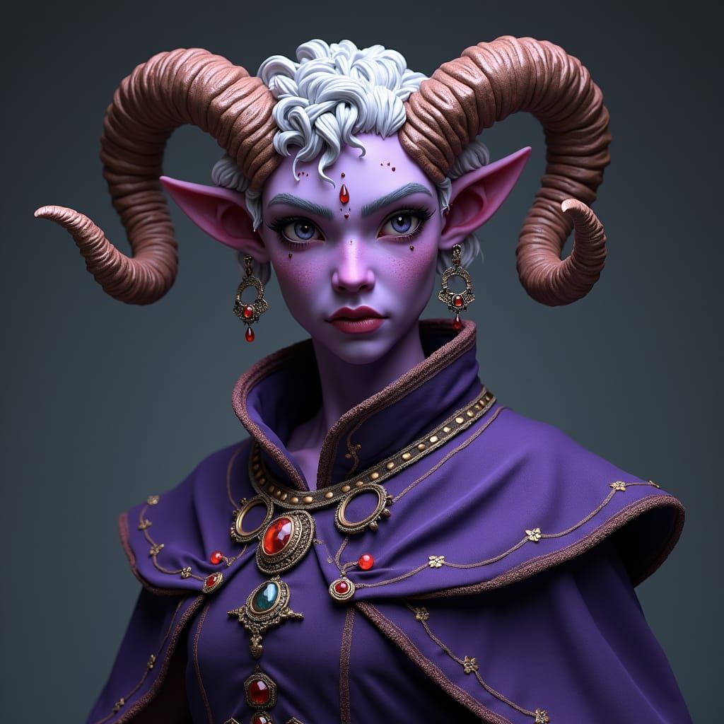 Majestic Tiefling Cleric with Silver Horns, Fantasy Art