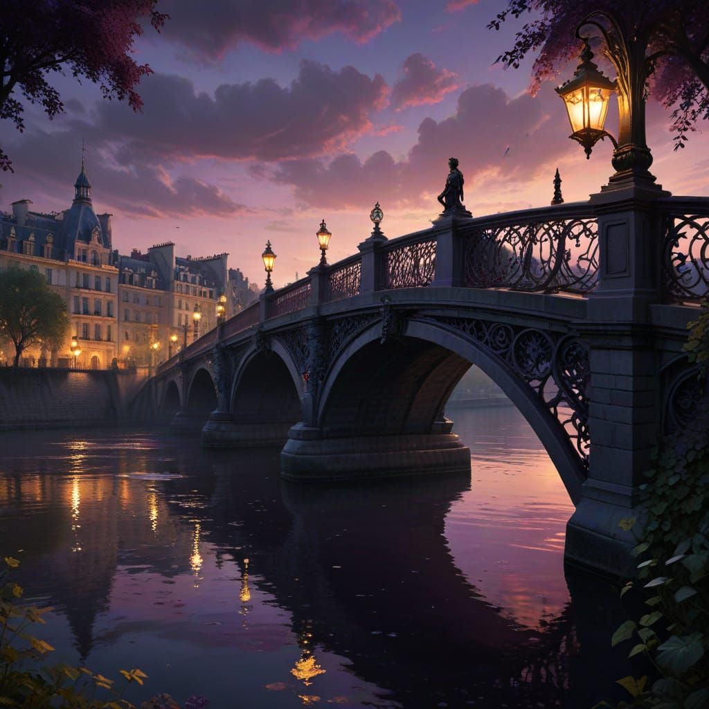 Moonlit Parisian Bridge at Night