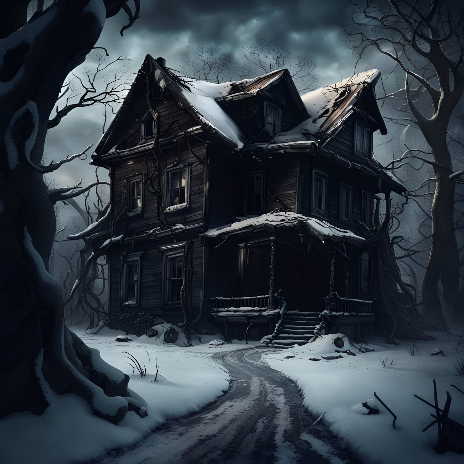 Abandoned House in Snowy Forest, Matte Painting