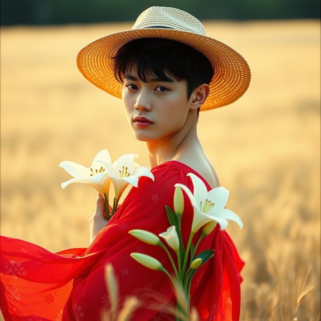 Dapper Young Man Poses in Elegant Red Floral Dress Amidst Go...