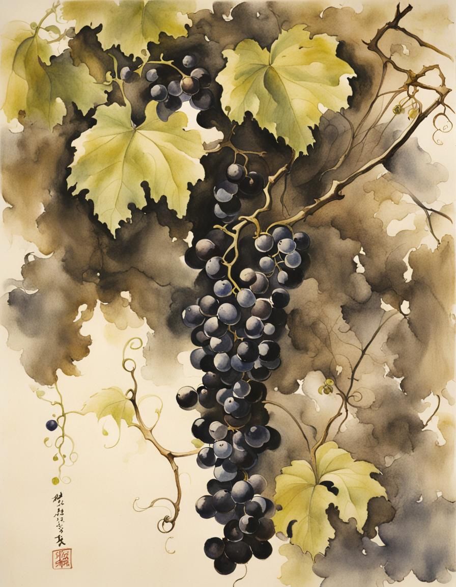 Ink Wash Painting of Grape Vines and Fruit