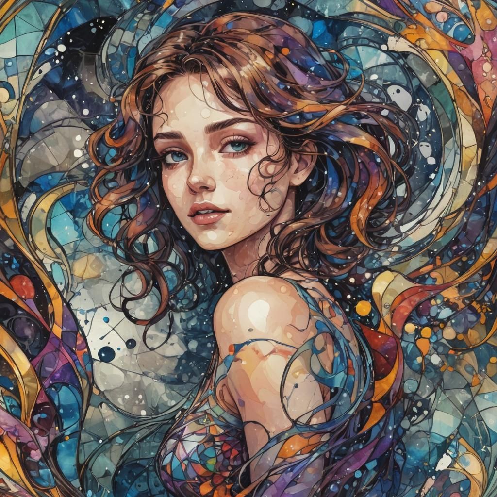 Abstract Stained Glass Woman with Ink Splatters