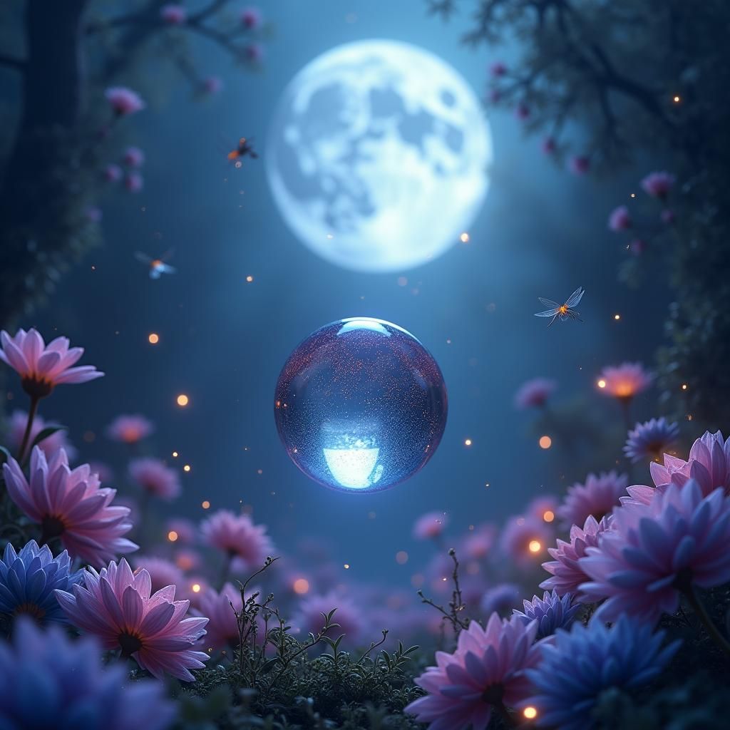 Dreamy Flowers in Glass Orb, Fantasy Art