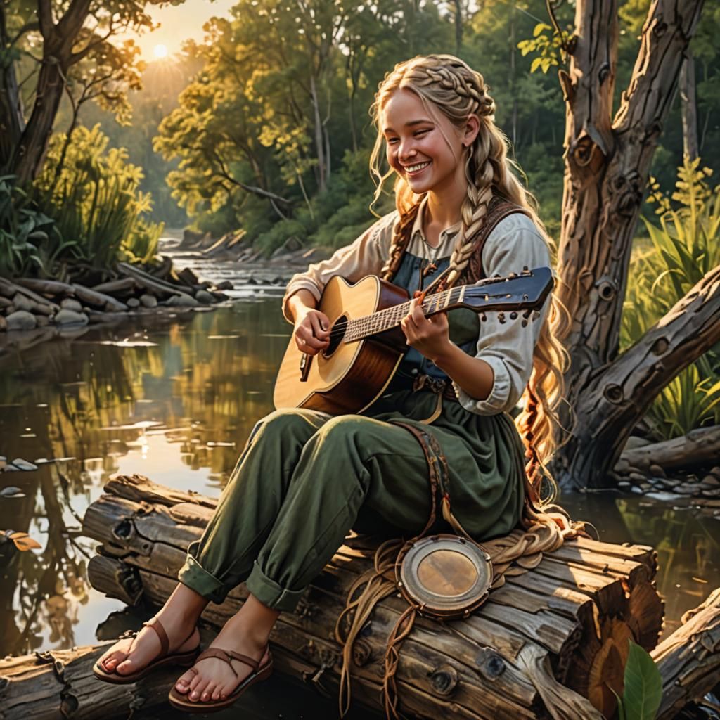 Girl Playing Banjo by River in Hyperrealistic Style