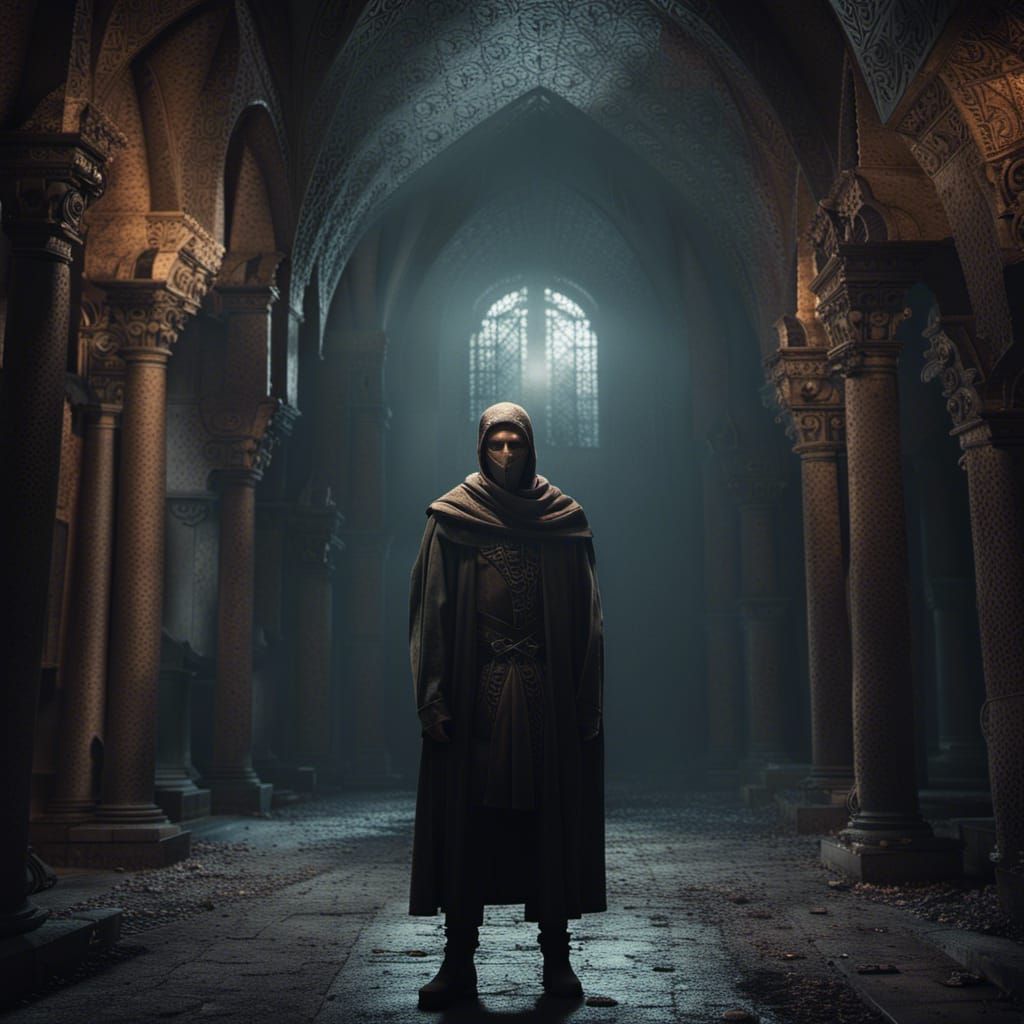 Masked Man in Dark Crypt: Dramatic Digital Painting