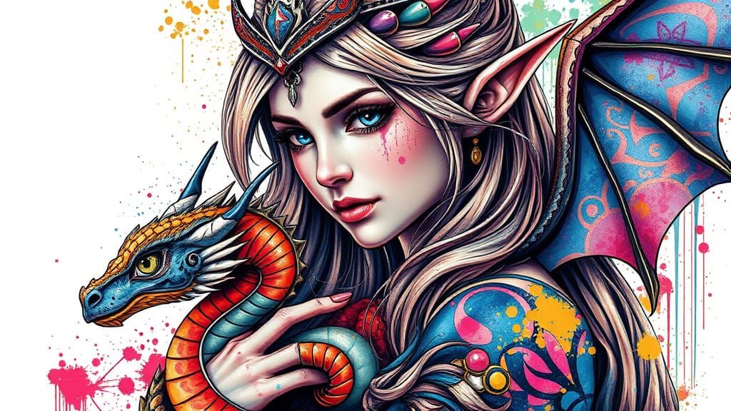 Elven Princess with Baby Dragon in Graffiti Style