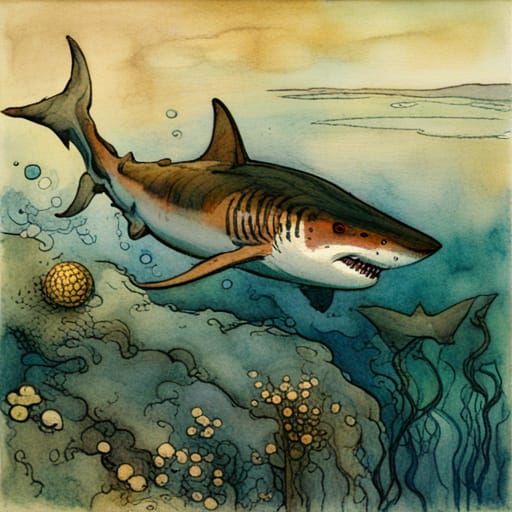 Vibrant Shark Aquarelle Art by Rackham