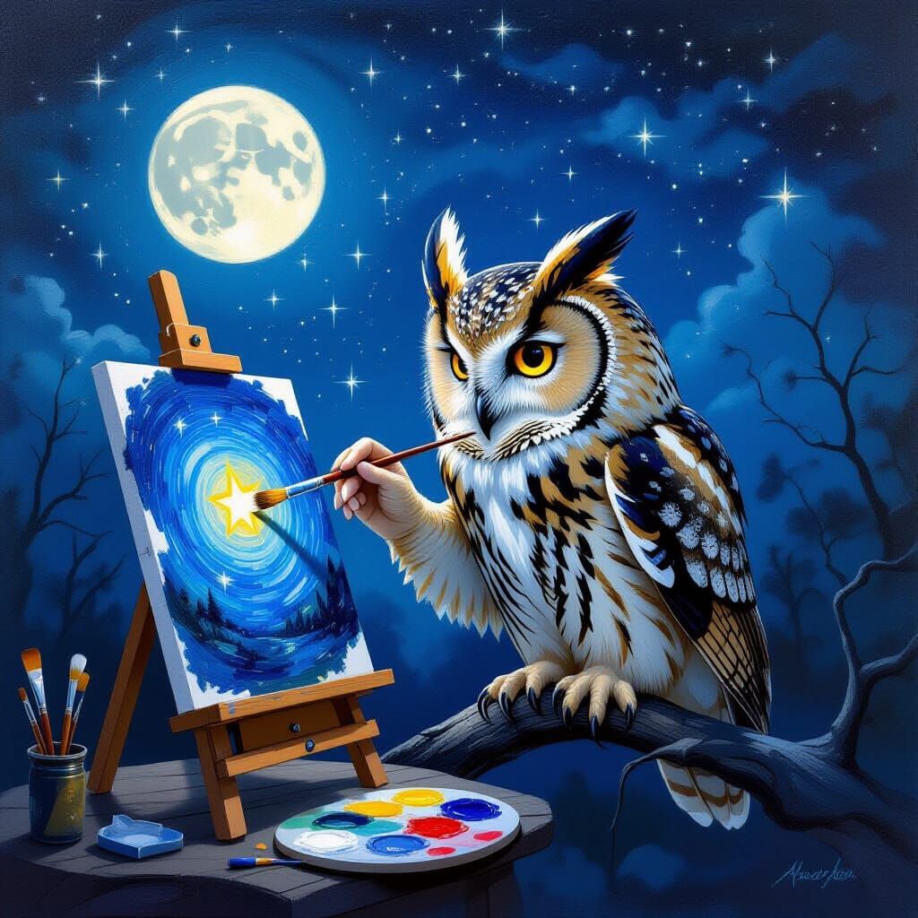 Wise Owl Paints Starry Night Sky in Oil Painting Style