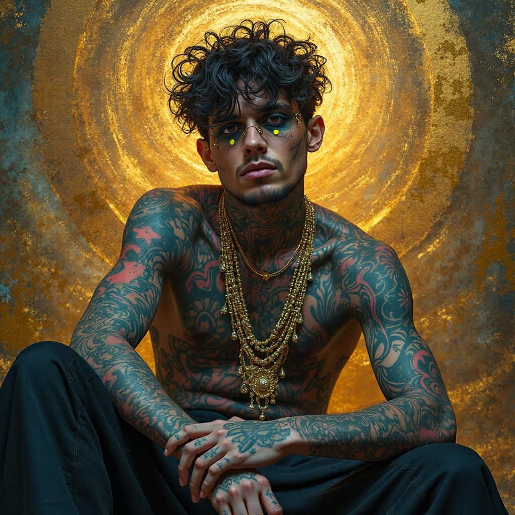 Ornate Portrait with Neon Tattoos in Mystical Style