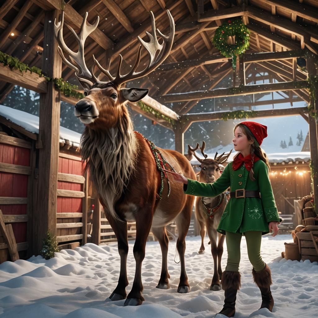 Elf Feeding Reindeer in Christmas Barn: Digital Art
