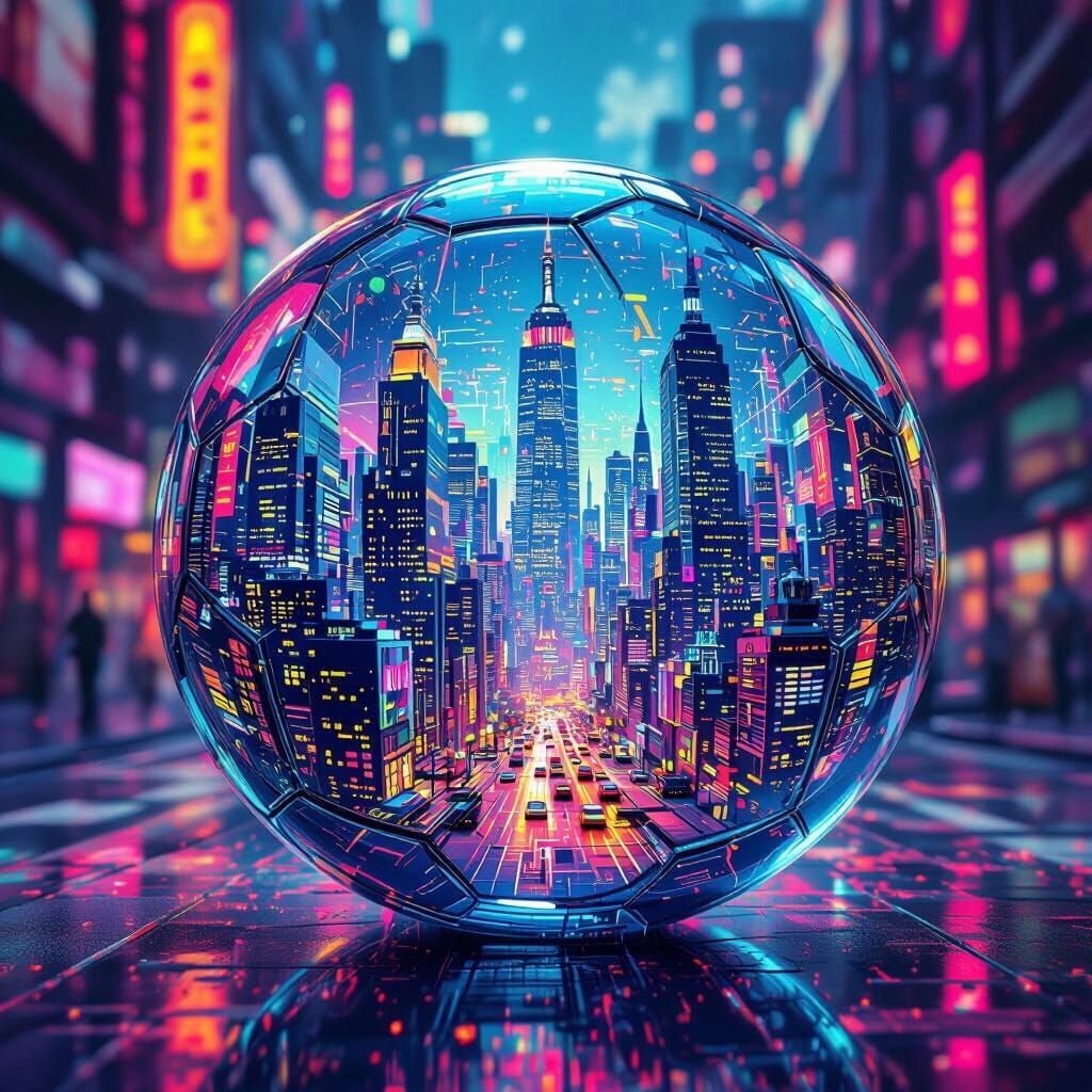 Glass Soccer Ball City in Neon Futurism Style