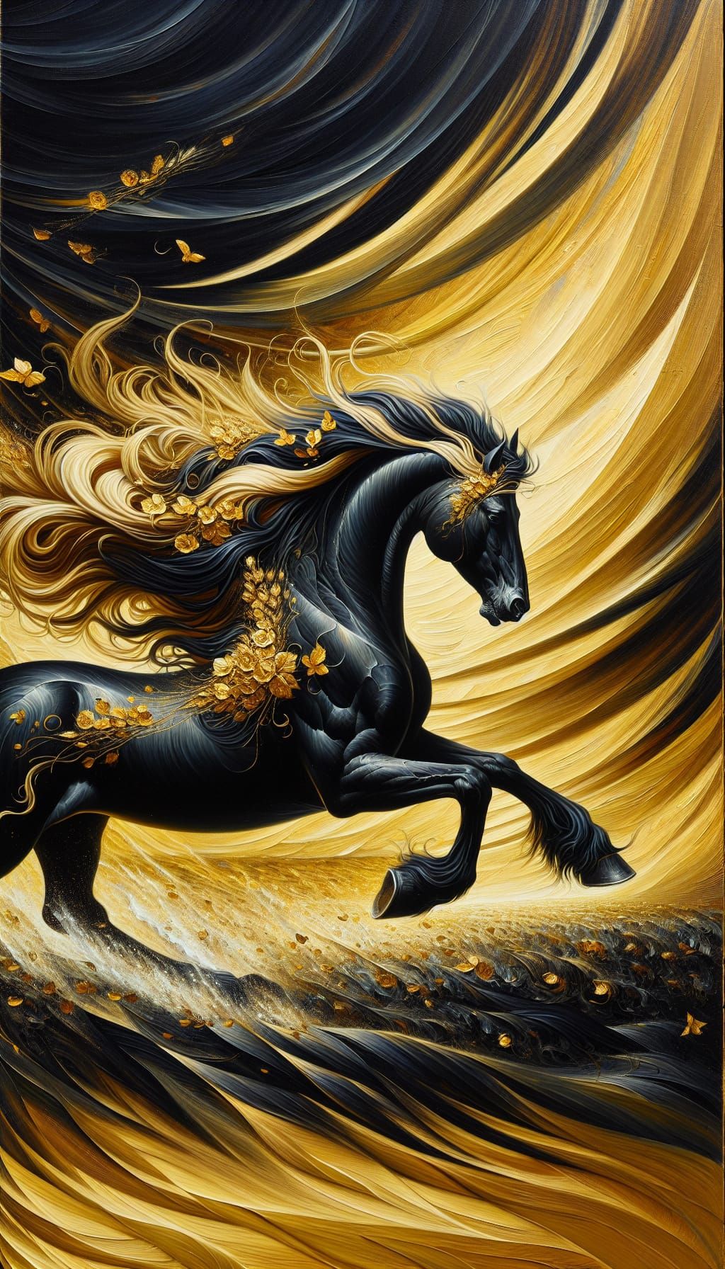 Black Horse Gallops Through Golden Field in Impressionist St...