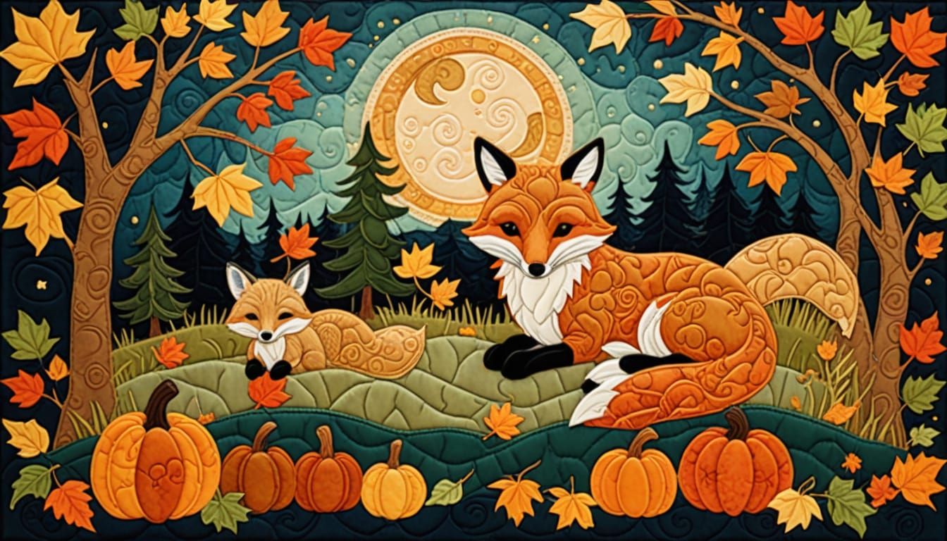 Whimsical Autumn Woodland Scene in Quilted Textile Art Style