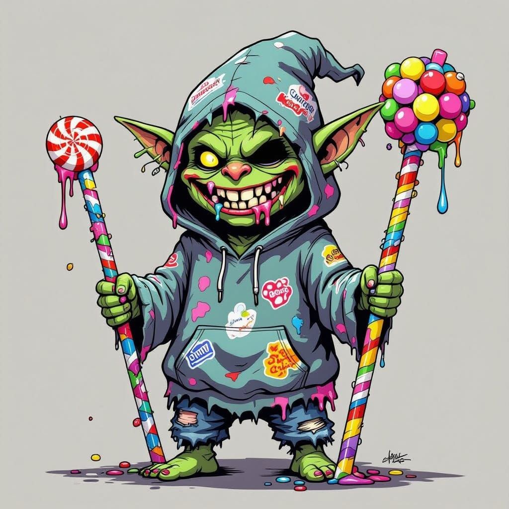 Goblin Figure with Candy Staff and Sewn Smile